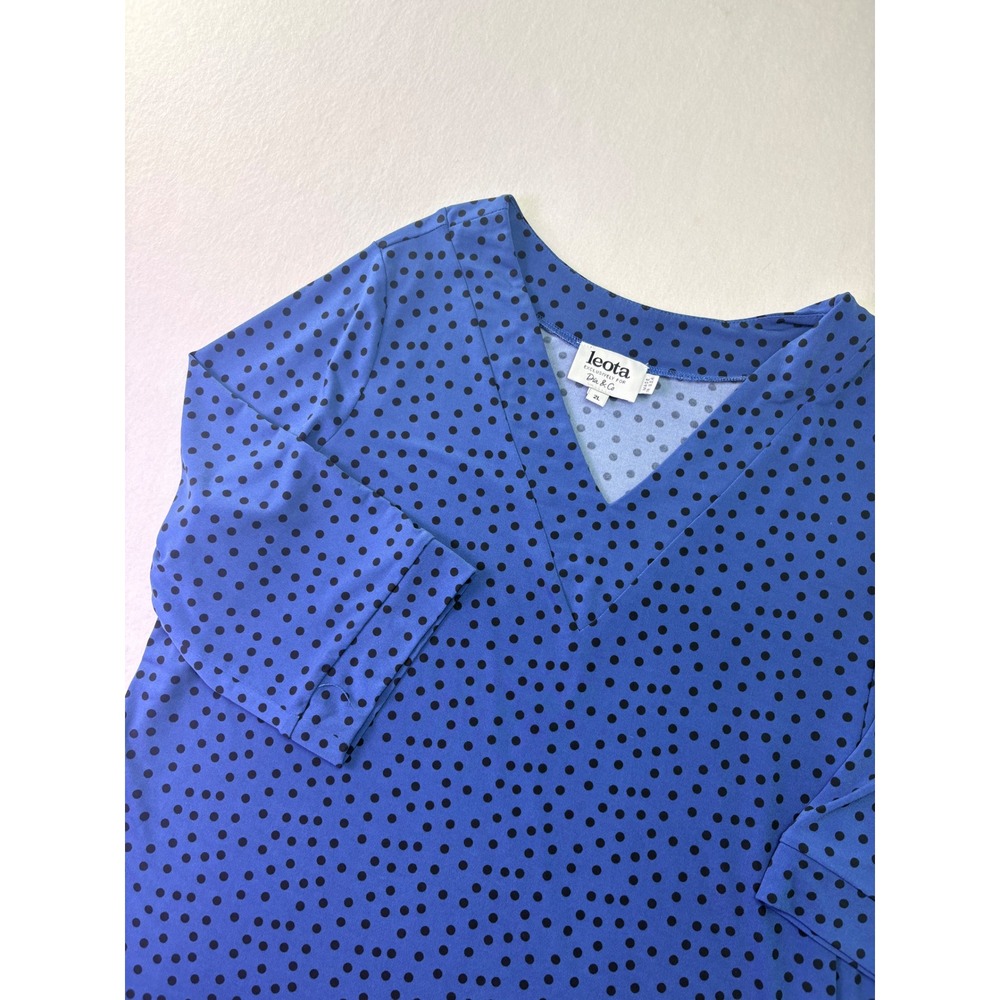 Leota Polka Dot Blouse Womens 2L Blue V-Neck 3/4 Sleeve Career Top